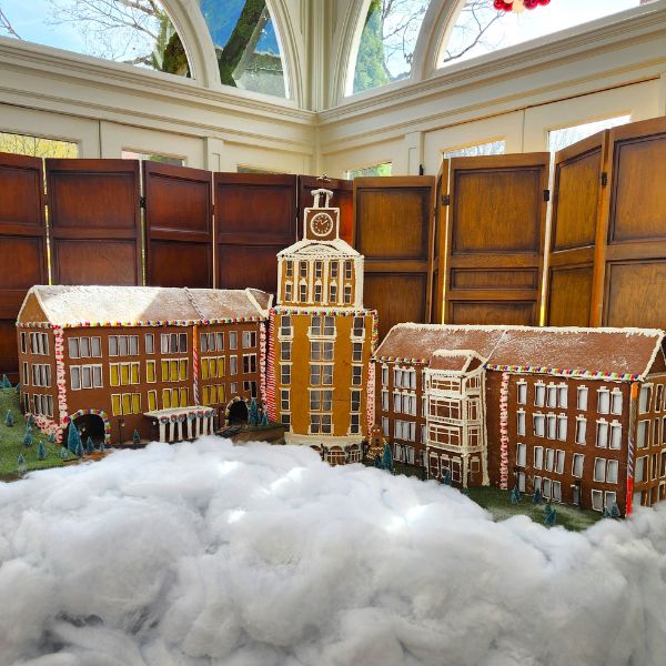 a gingerbread houses and a building in a room with clouds