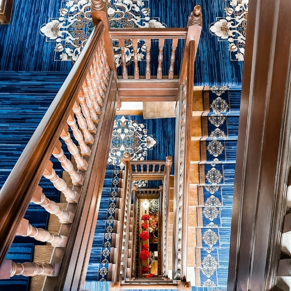 a view from the top of a staircase