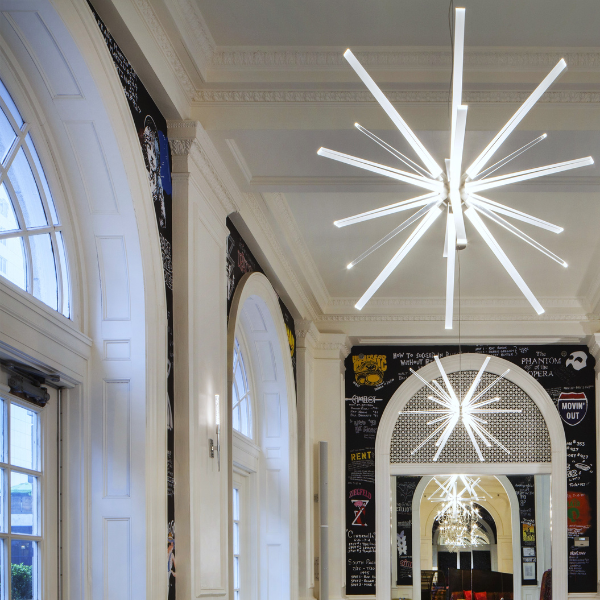 a large white room with arched windows and a chandelier