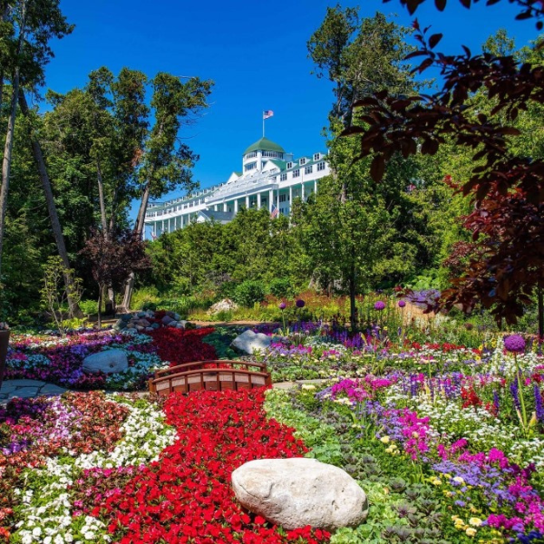 a garden with flowers and trees in front of a building