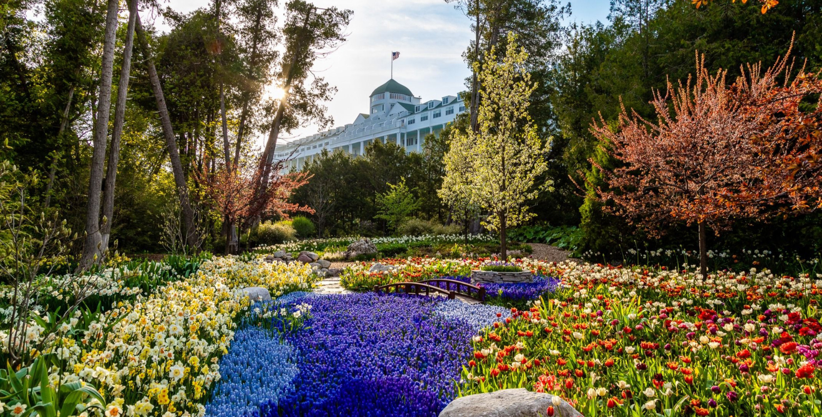 a garden with flowers and trees in front of a large building