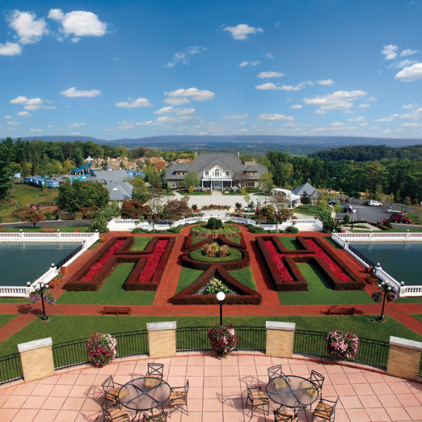 a view of a garden with a pool and a house in the background