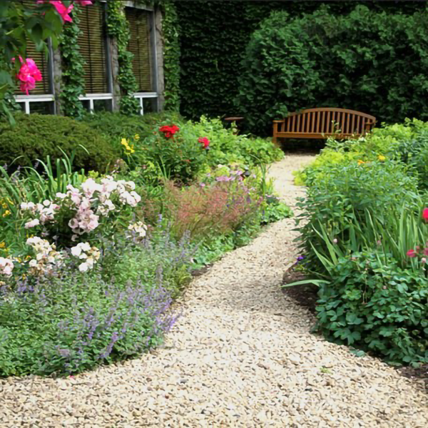 a garden with a bench and bushes
