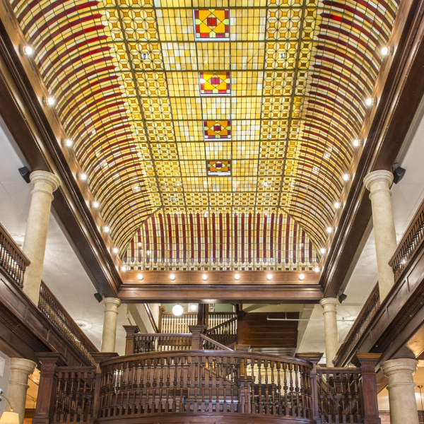 a stained glass ceiling in a building