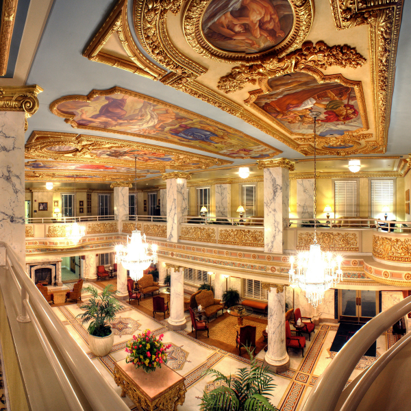 a high angle view of a building with a decorated ceiling