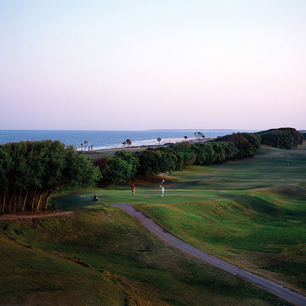 a golf course with trees and water in the background