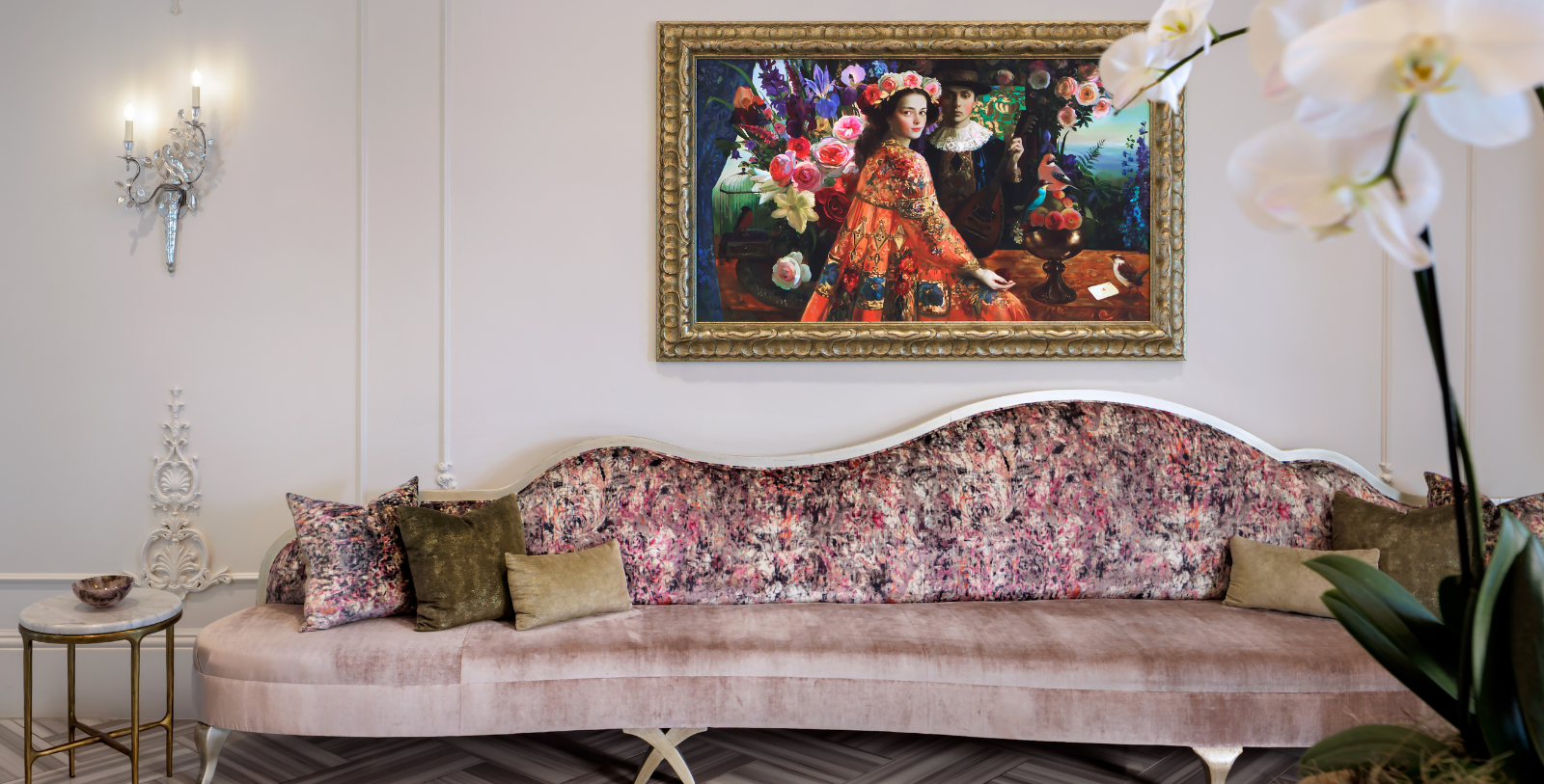 a couch with a painting on the wall