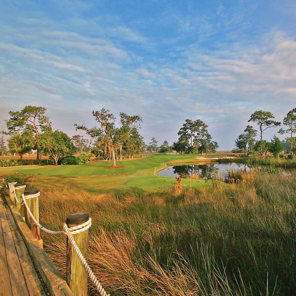 a wooden bridge over a pond