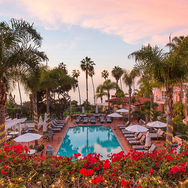 a pool with umbrellas and chairs and palm trees