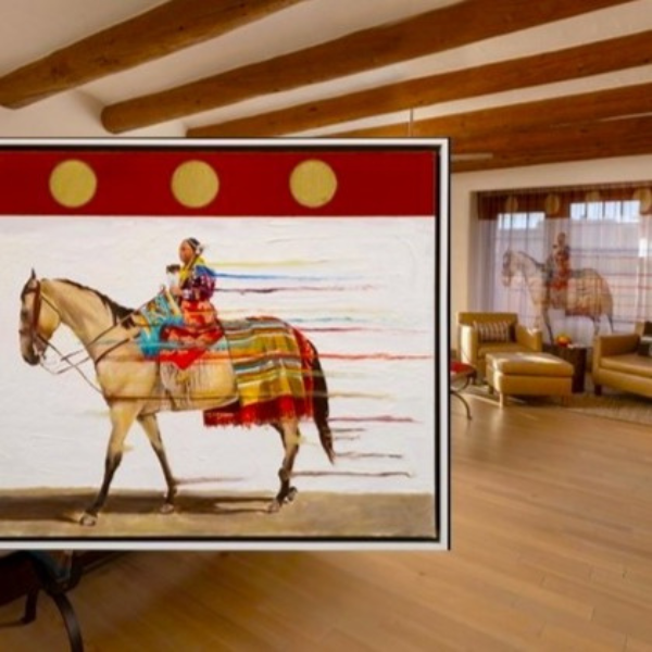 a painting of a woman riding a horse in a room with a couch and a wood floor