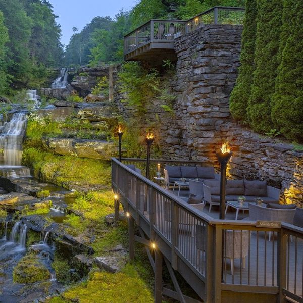 a restaurant with a waterfall