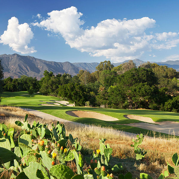 a golf course with cactuses and mountains in the background