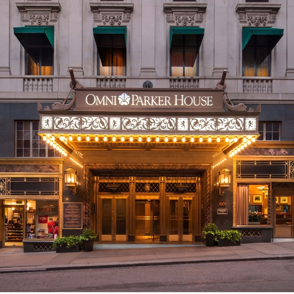 a building with lights on the front
