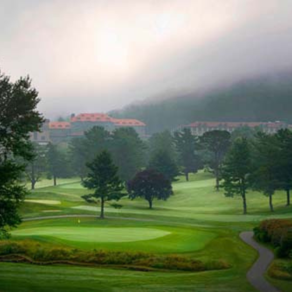 a golf course with trees and a path