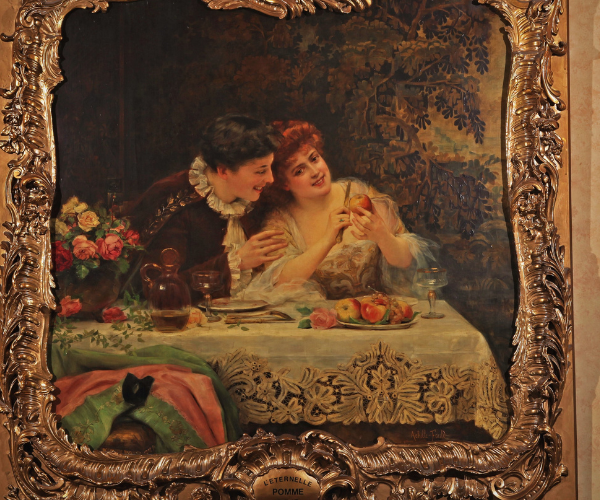 a painting of two women at a table