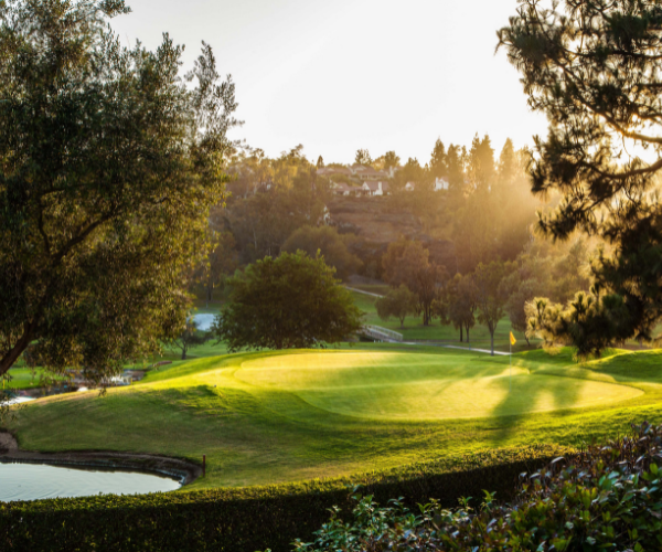 a golf course with trees and a lake