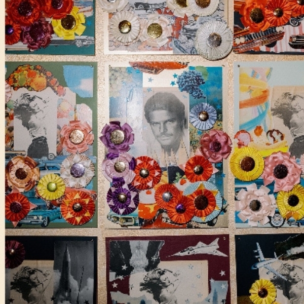a collage of pictures with ribbons