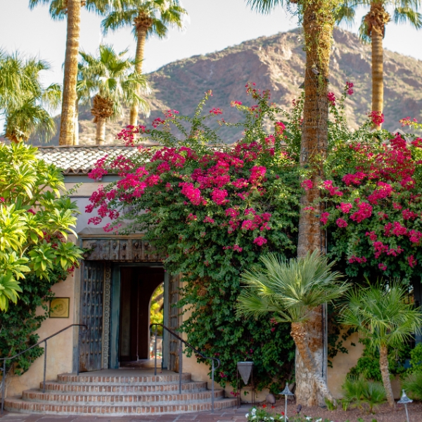 a building with pink flowers and palm trees