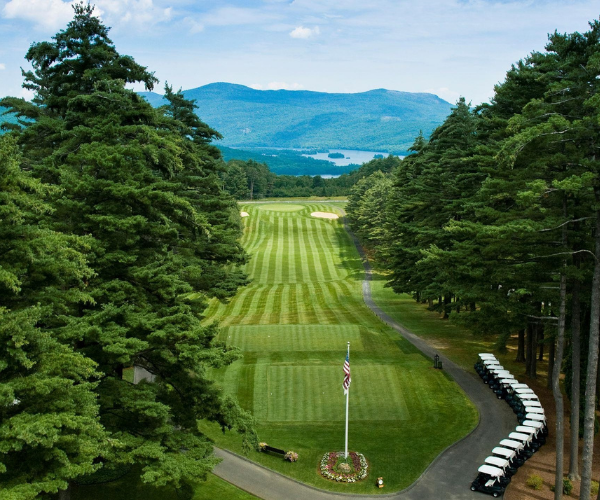 a golf course with a flag pole and rows of golf carts