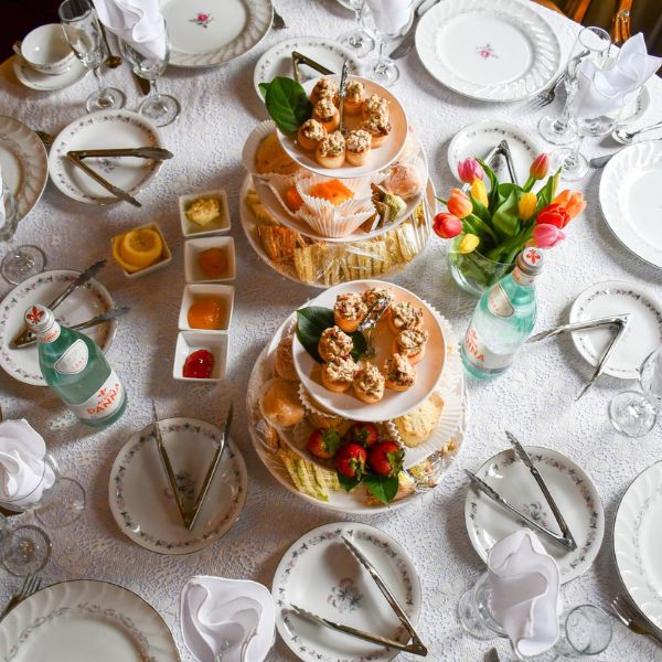 a table with plates and food on it