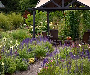 a garden with a gazebo and chairs