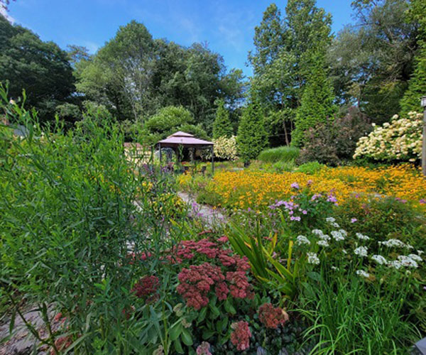 a garden with a gazebo and flowers