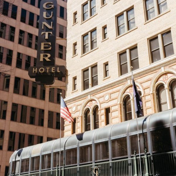 a train in front of a building
