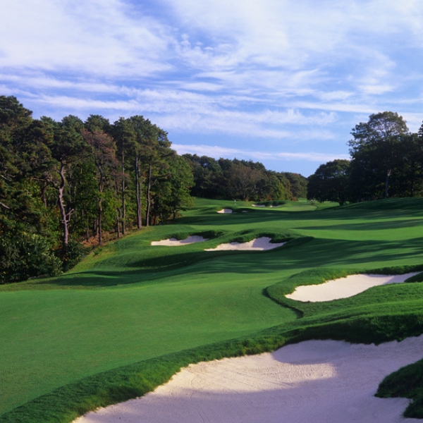 a golf course with sand bunkers