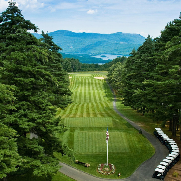 a golf course with a flag pole and trees