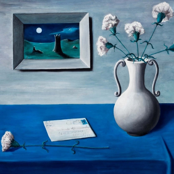 a painting of flowers in a vase on a blue table
