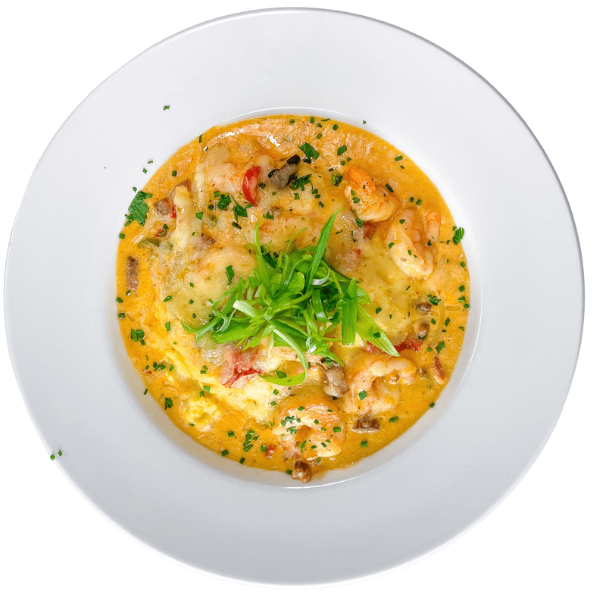 a plate of food with shrimp and cheese