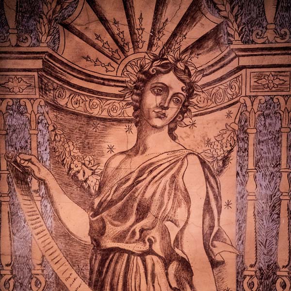 a drawing of a woman holding a scroll