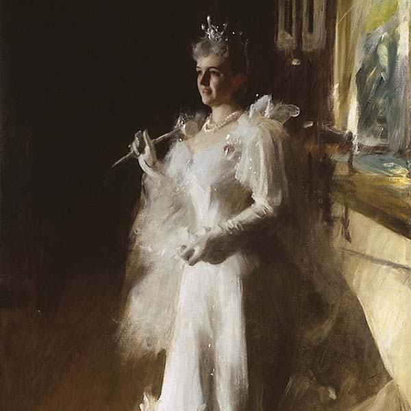 a painting of a woman in a white dress