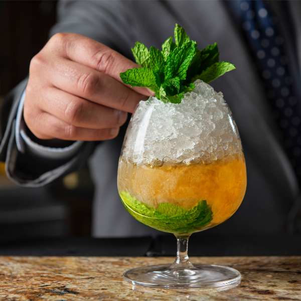 a hand holding a drink with a leafy green garnish