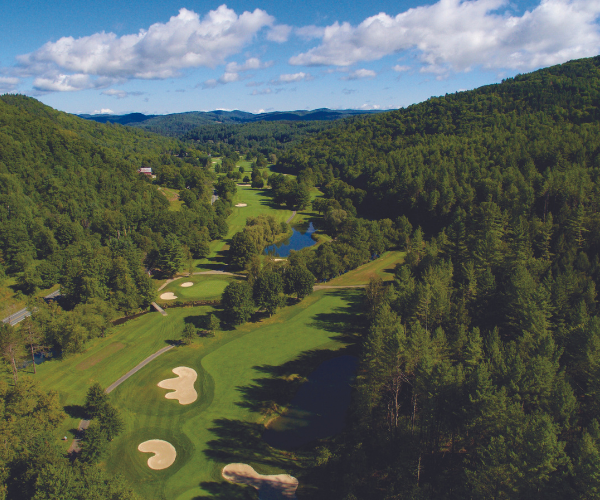 a golf course with a lake and trees