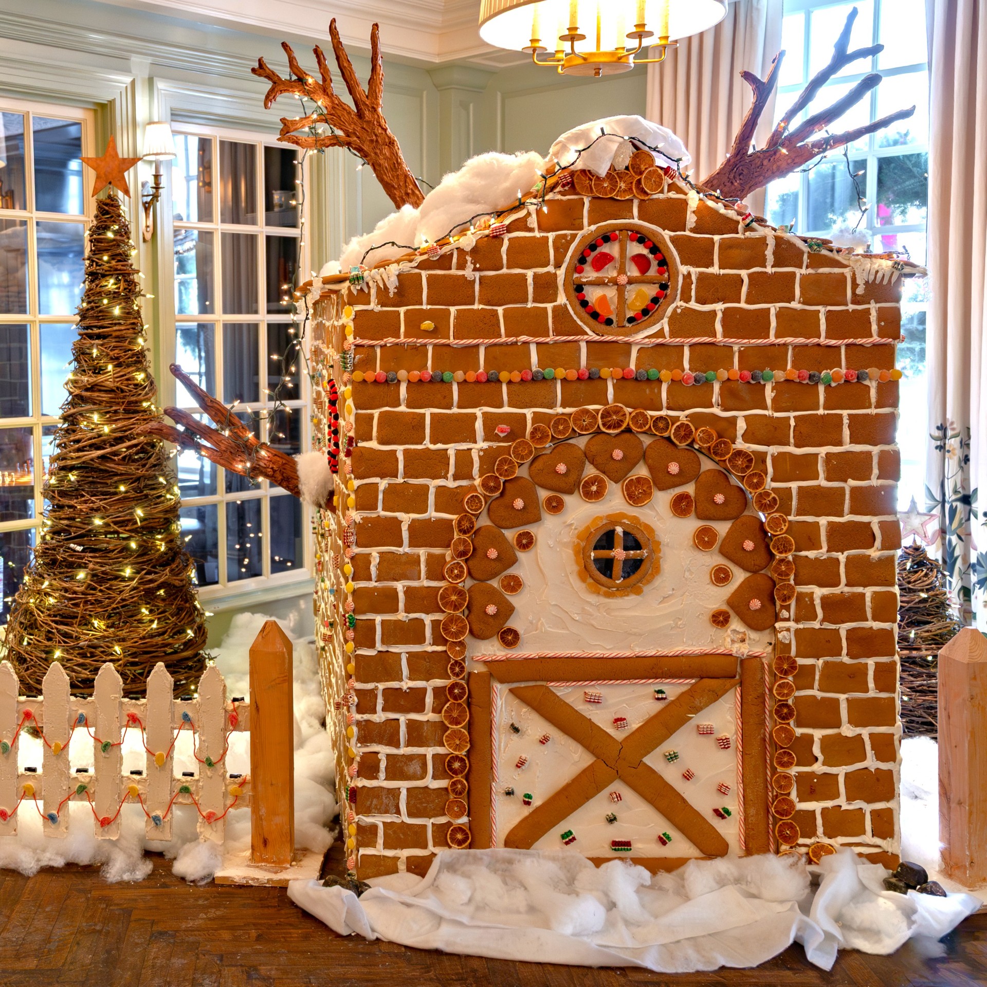 a gingerbread house in a room
