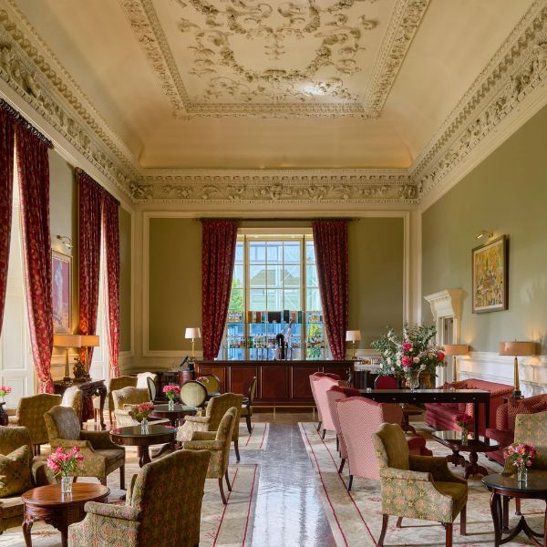 a room with a large ceiling and a large window