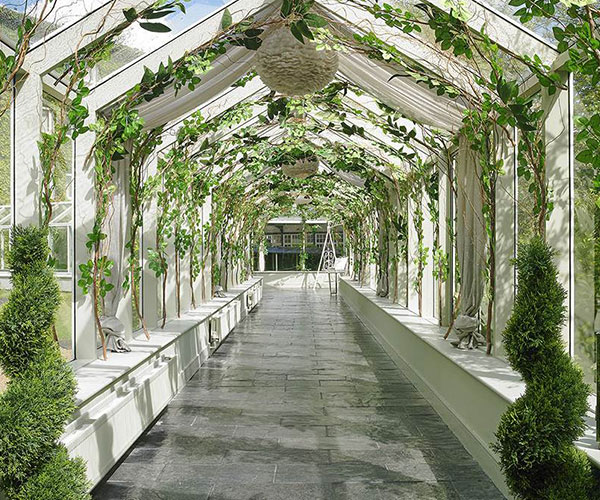 a walkway with plants growing on the ceiling
