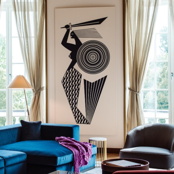 a room with a large picture of a woman holding a sword