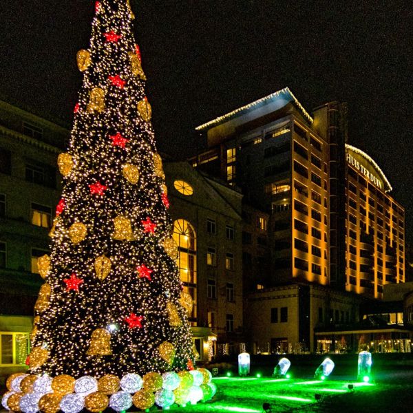 a large christmas tree with lights