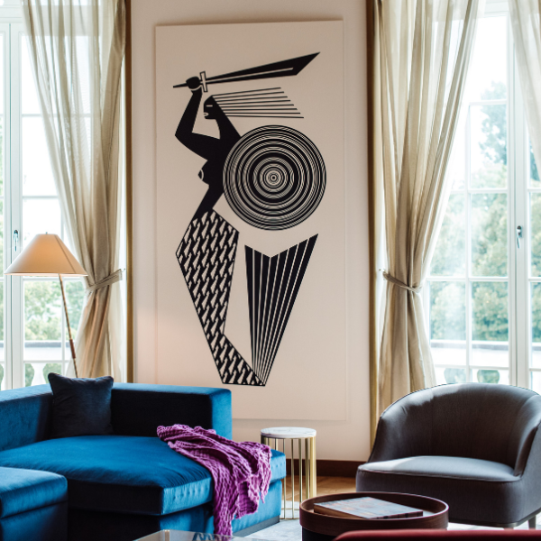 a room with a large picture of a woman holding a sword