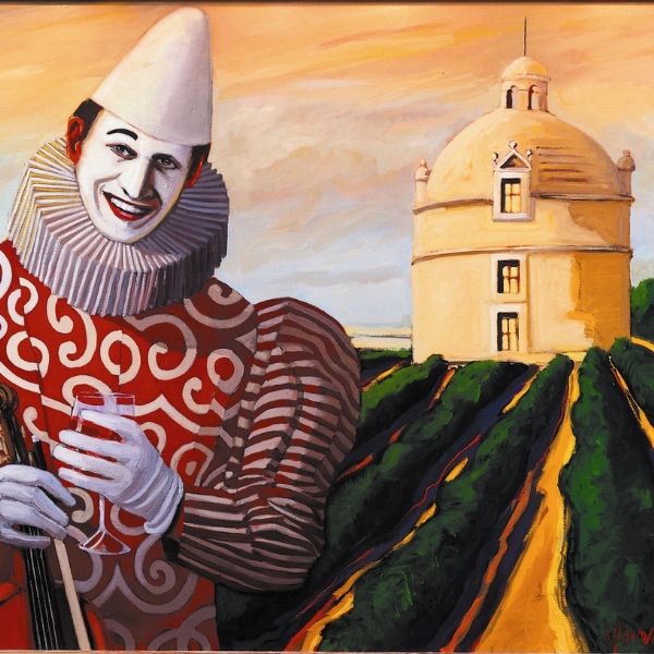 a painting of a clown holding a violin in front of a building