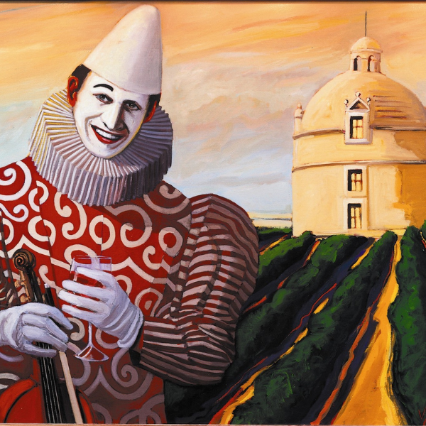 a painting of a clown holding a violin in front of a building