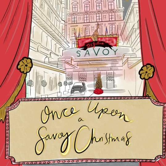 a theater with red curtains and a sign
