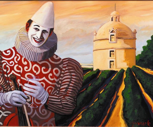 a clown holding a violin in front of a building