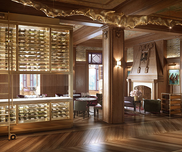 a room with a wine rack and tables