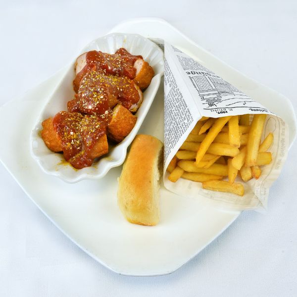 a plate of food on a white surface