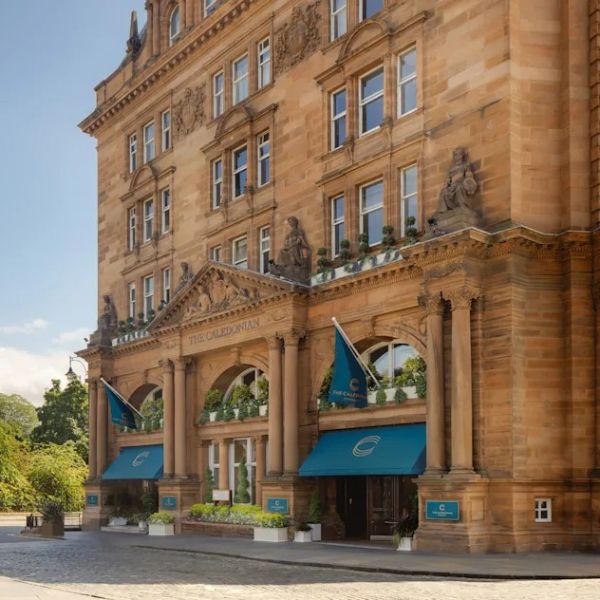 a building with blue awnings and blue awnings