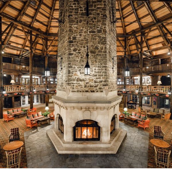 a large stone tower with a fireplace in the middle of a room