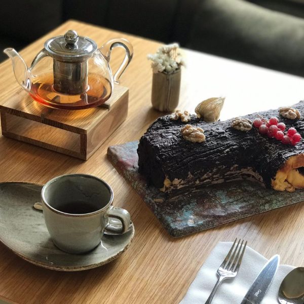 a log cake on a table